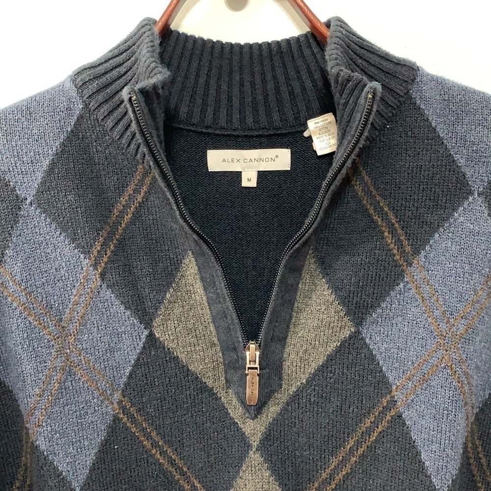 Alex Cannon 1/4 Zip Black Blue Tan Diamond Argyle Knit Pullover Cotton Sweater M - Picture 7 of 17